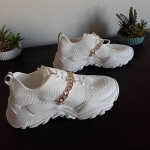 CUCCOO Chain Decor Lace-Up Front Knit Chunky White Sneakers Size 7.5